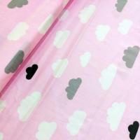 Ткань Облачка белые, серые на розовом фоне, сатин, 100% хлопок, Китай