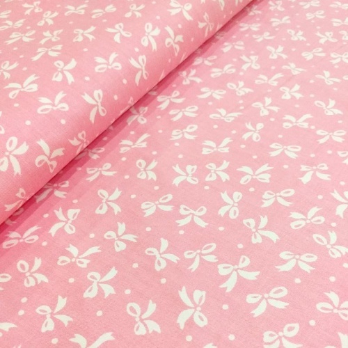 Ткань Белые бантики на розовом фоне, сатин, 100% хлопок, Китай